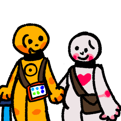 a yellow person with the disability sun on their chest holding the hand of a shorter, chubby white person with a pink heart on their chest. The yellow person has an aac device strapped on while the Caregiver has a brown bag. The yellow person also has a blue cane